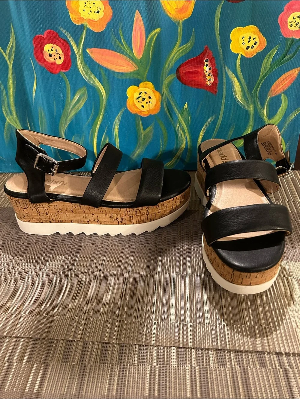 Black Cork Platform Sandals with White Sole and Ankle Strap